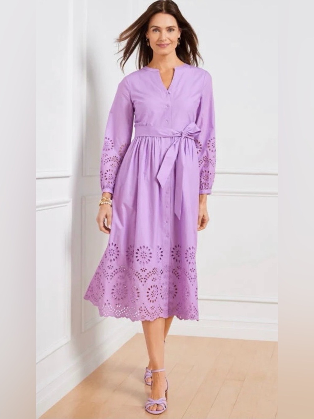 TALBOTS Lavender Eyelet Midi Dress with Tie Waist Size 4P